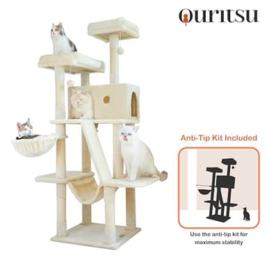 Ouritsu Cat Tree, 61 inch Tall Cat Tower for Large Cat Indoor, Enlarged Condo, 2 Padded Perches with 1 Widened, Large Hammock, Scratching Post and ramp, Fluffy Basket, Beige, LF002WH - Image 8
