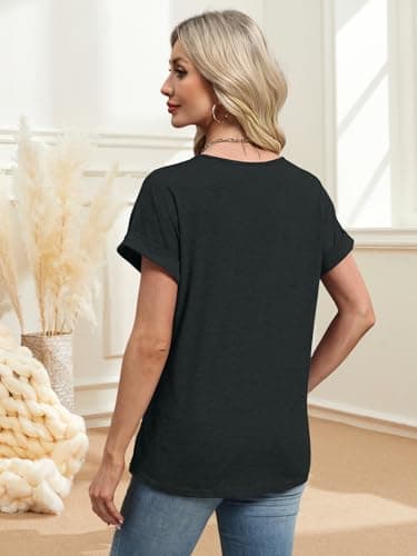 EyMuse Womens Tshirts V Neck Short Sleeve Tee Solid Color Blouse Loose Fit 2024 Summer Casual Tops Black,L - Image 3
