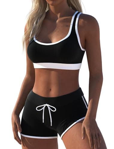 Womens Sport Two Piece Swimsuits Racerback Crop Top Boyshort Bottom（L，White&Black） - Image 3