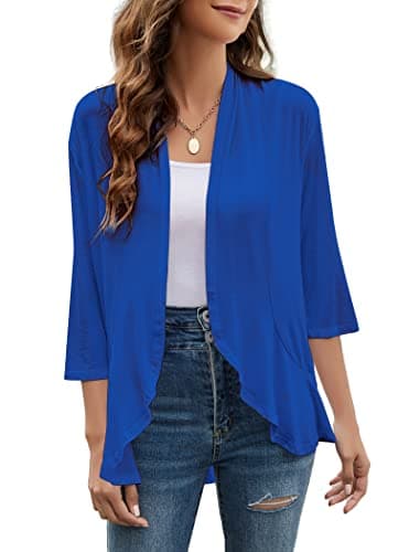 Yekaty Women's Open Front Royal Blue 3/4 Sleeve Lightweight Summer Plus Size Cardigans - Image 1