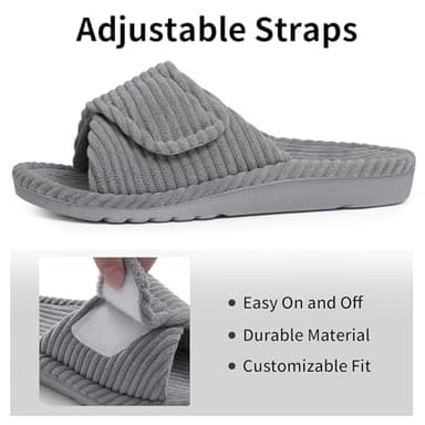 Litfun Orthopedic House Slippers for Women Adjustable Arch Support Indoor Slippers Open Toe Corduroy Bedroom Shoes, Grey 38 - Image 5