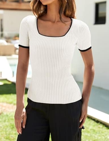 ZESICA Women's Short Sleeve Square Neck Color Block T Shirt 2025 Summer Slim Fit Ribbed Knit Basic Tee Tops,White,Medium - Image 2