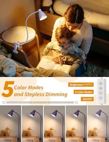 BOHON Desk Lamp with Clamp, 10W 38 LED Clip on Light, 5 Color 10 Brightness Auto Off Timer, Flexible Gooseneck Clip Lamp, Desk Lights for Office Home Bed Bedside Reading, Lilac Purple - Image 3