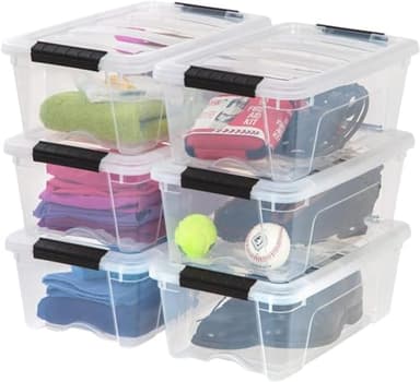 IRIS USA 13 Qt Stackable Plastic Storage Bins with Lids, 6 Pack - BPA-Free, Made in USA - See-Through Organizing Solution, Latches, Durable Nestable Containers, Secure Pull Handle - Clear - Image 1