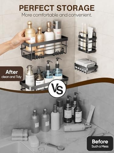 Cobbe Adhesive Shower Caddy 5-Pack, Large Wall Mounted Shower Shelves Rack, Organizer Storage Accessories with Soap Dish&Toothbrush Holder, Shelves for Bathroom Storage & Home Kitchen Decor, Black - Image 4
