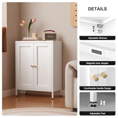 Bevivog Metal Bathroom Floor Storage Cabinet,Small Storage Sideboard with 2 Doors and 2 Adjustable Shelves,Modern Storage Freestanding Organizer Rust-Proof Locker,Living Room,Hallway,White - Image 5