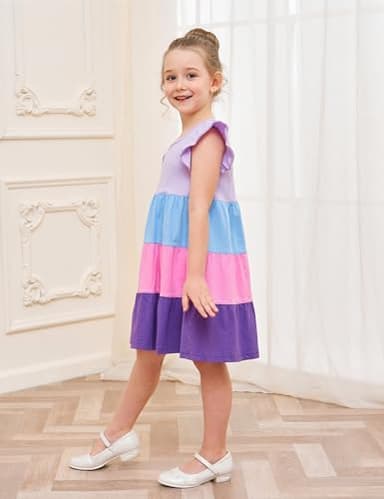 Little Girl Summer Dress Cotton Pocket Easter Ruffle Short Sleeve Tiered Swing Twirly Casual Sundress Dresses for Girls Clothes Outfits Clothing Color Block Lilac 6-7 Years - Image 4