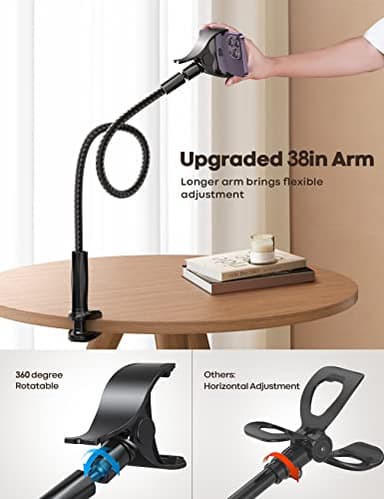 Lamicall Gooseneck Phone Holder Bed - [Nylon Braided] Flexible Arm, 38inch Overall Length, 360 Adjustable Clamp Clip, Overhead Cell Phone Mount Stand for Bed, Desk, 4-7” Cellphone - Image 2