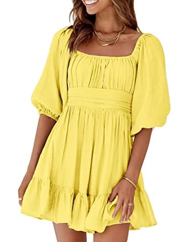 Dokotoo Womens Yellow Sexy Dress Square Neck Shirred Elastic Waist Lantern Sleeve Ruffle Tie Back A-Line Mini Dress Casual Summer Dresses for Women Large - Image 6