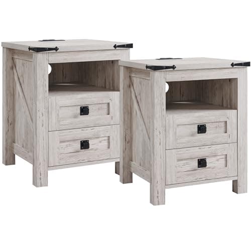 T4TREAM Farmhouse Nightstand Set of 2 with Charging Station, Rustic End Table with 2 Drawers, Storage Open Shelf for Bedroom, Living Room, Wood Side Table, Antique Brush White - Image 1
