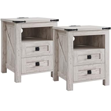 T4TREAM Farmhouse Nightstand Set of 2 with Charging Station, Rustic End Table with 2 Drawers, Storage Open Shelf for Bedroom, Living Room, Wood Side Table, Antique Brush White - Image 1