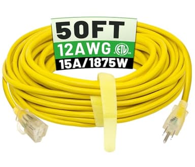 POWGRN 50 ft 12/3 Outdoor Extension Cord Waterproof Heavy Duty with Lighted Indicator End 12 Gauge 3 Prong, Flexible Cold-Resistant Long Power Cord Outside, 15Amp 1875W SJTW Yellow ETL Listed - Image 1