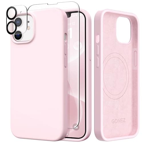 GONEZ Magnetic for iPhone 12 Case / 12 Pro Case, Compatible with MagSafe, [Screen Protector + Camera Lens Protector], Silicone Shockproof Anti-Scratch Protective Phone Case 6.1 inch, Chalk Pink - Image 1