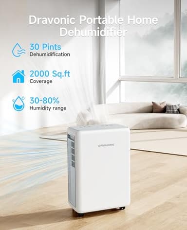 Dravonic 2000 Sq. Ft Dehumidifier for Basement, 30 Pint Dehumidifiers for Home, Bedroom and Bathroom, 3 Modes Dehumidifier with Drain Hose, Smart Humidity Control, 24H Timer (White) - Image 2