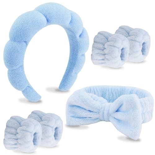 VELSCRUN 6 Pack Spa Headband, Makeup Headband, Face Wash Headbands, Skincare Headbands, Blue Sponge Hair Band Bow Tie Spa Head Band for Washing Face Wristband Set Hair Accessories for Women Gifts - Image 1