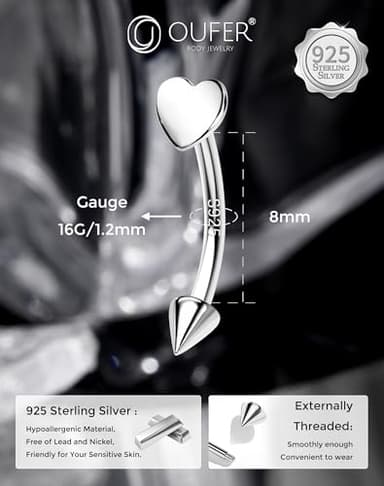 OUFER 925 Sterling Silver Rook Piercing Jewelry, Heart Eyebrow Rings, Silver Vertical Labret Lip Jewelry, Curved Barbell 16G, Rook Earrings for Women Men-8mm - Image 6