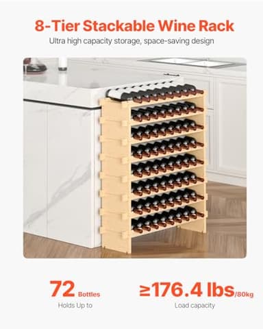 VEVOR 8-Tier 72 Bottles Stackable Modular Wine Rack, Freestanding Wines Holder Display Shelf, Solid Bamboo Wood Storage Racks, Wobble-Free Shelves for Kitchens, Dining Rooms, Cellars, Natural Color - Image 4