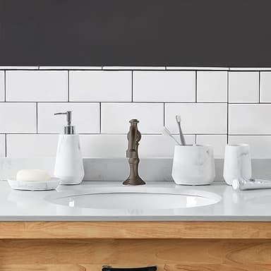 QL DESIGN 4 Piece Modern Bathroom Accessory Set with Marbled Style and Geometric Design Includes Lotion Dispenser, Toothbrush Holder, Tumbler, Soap Dish (Mordern Style Marble) - Image 4