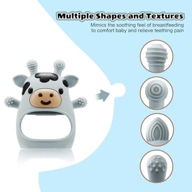 TOHIBEE 2 Packs Baby Teething Toys for 0-6 6-12 Months, Food Grade Silicone Adjustable Cow Teething Mitten, Chew Teether Toys for Teething Pain Relief, Baby and New Born Essentials, Blue & White - Image 3