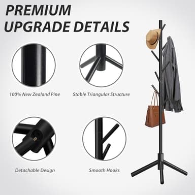 Unisakey Durable Wooden Coat Rack, Freestanding Coat Rack with Stable Triangular Base, 8 Hooks & 3 Adjustable Heights, Simple Assembly for Bedroom, Hallway, Office(New Black) - Image 5
