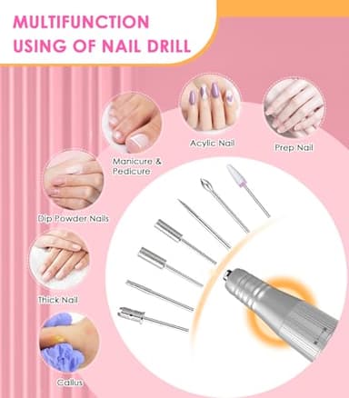 Portable Nail Drill Electric File: 40000RPM Professional Rechargeable Nail E-File Machine, Cordless Nail Drill with Bits & Base for Acrylic Nails Remove Nail Gel Polish Manicure for Salon Home, White - Image 6