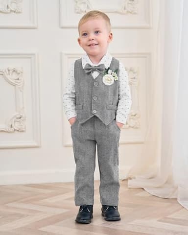 Coco&RARA Baby Boy Clothes Suits Infant Tuxedo Gentleman Outfits, Formal Dress Shirt+Vest+Corsage+tie+Pants Baby Suit Sets(Grey, 3-6M) - Image 2