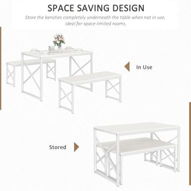 VECELO Kitchen Table with 2 Benches for 4, 43.3'' Wood Dining Room Dinette Sets with Metal Frame for Breakfast Nook and Small Space, White - Image 2