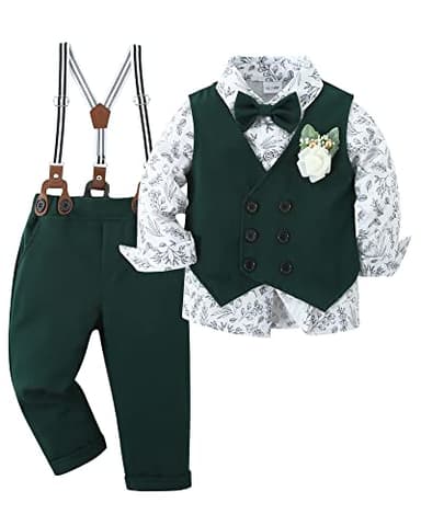 YALLET Toddler Baby Boy Clothes Suit Gentleman Wedding Outfits, Formal Dress Shirt+Bowtie+Vest+Boutonniere+Suspender Pants(V Green, 4-5T) - Image 1