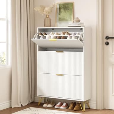 NOVAMAISON Slim Shoe Cabinet with 3 Flip Drawers, Fluted Shoe Cabinet Storage for Entryway, Narrow Shoe Storage Cabinet, Modern Freestanding Shoe Rack Organizer for Entryway, White - Image 8