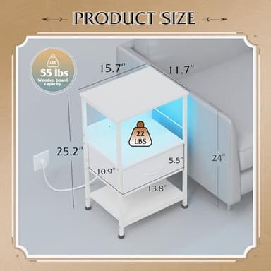 WLIVE White Night Stand with Charging Station, LED Nightstand with Adjustable Fabric Drawer, 3-Tier Storage Bedside Table, Small End Side Tables for Bedroom - Image 3