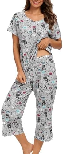 ENJOYNIGHT 2 Pack Womens Pajama Sets Cotton Short Sleeve Top with Capri Pants Summer Pjs Sleepwear - Image 5