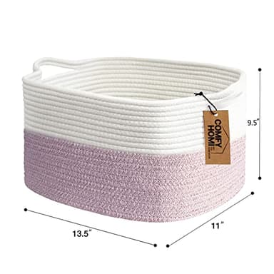 COMFY-HOMI Cotton Rope Woven Medium Basket with Handles for shelf,Cloth Storage Basket for Organizing-13.5X11X9.5 Storage Bin for Bedroom, Newborn or Infant Gift for boy girl (White/Pink) - Image 5