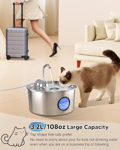 Cat Water Fountain Stainless Steel - 108oz/3.2L Automatic Cat Water Fountain for Drinking with 3PCS Filters, Metal Pet Water Fountain Water Dispenser for Cats, Puppy, Multiple Pets - Image 2