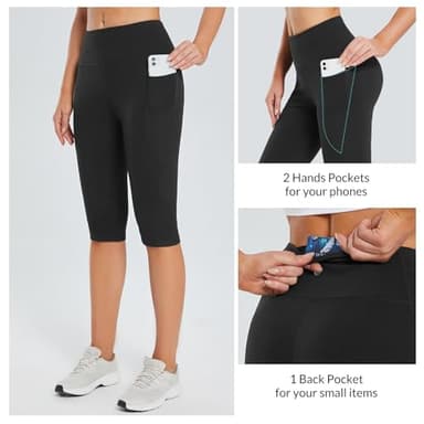 baleaf Capri Leggings for Women High Waisted Capri Pants with Pockets Knee Length Yoga Workout Casual Exercise Black L - Image 2