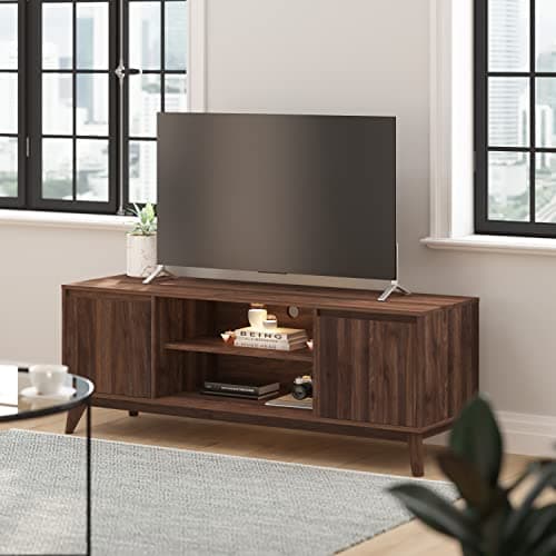 Taylor & Logan Haisley Mid-Century Modern 60" Media Center with Two Soft Close Doors and Adjustable Shelving in Dark Walnut - Image 1