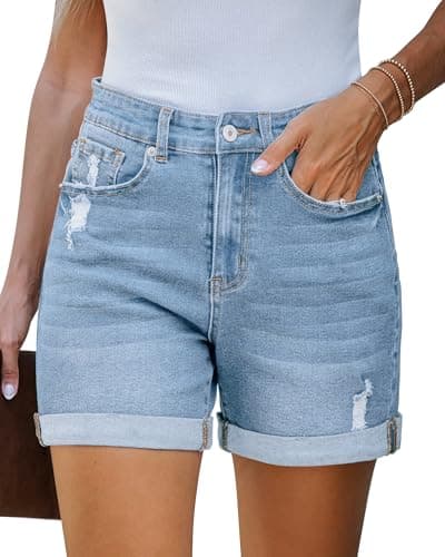 LookbookStore Jean Shorts Womens Stretchy High Waisted Ripped Denim Shorts with Pockets Trendy Beach Shorts for Women Women's Shorts Casual Cool Blue Size Small - Image 1
