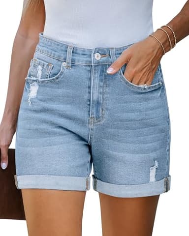 LookbookStore Jean Shorts Womens Stretchy High Waisted Ripped Denim Shorts with Pockets Trendy Beach Shorts for Women Women's Shorts Casual Cool Blue Size Small - Image 1