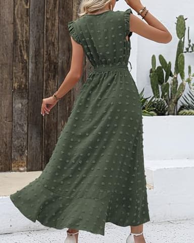 BTFBM Women V Neck Summer Dress 2025 Cap Sleeve Swiss Dot Boho Flowy Ruffle Slit Beach Party Long Maxi Cocktail Dresses(Army Green, Medium) - Image 4