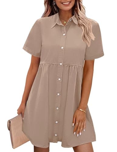GRAPENT Denim Dress for Women Babydoll Tiered Short Sleeve Button Down Jean Shirt Dresses Light Taupe Oversized Boyfriend Loose Fit Large Size 12 Size 14 - Image 1