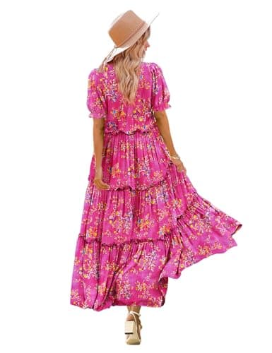 YESNO Summer Casual Bohemian Floral Dresses for Women Puff Short Sleeve Long Maxi Dress with Pockets (L ETX CR26) - Image 1