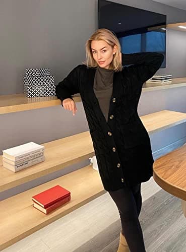 PRETTYGARDEN Long Sleeve Cable Knit Long Cardigan for Women 2025 Fall Winter Chunky Open Front Button Sweaters with Pockets (Black, Medium) - Image 5