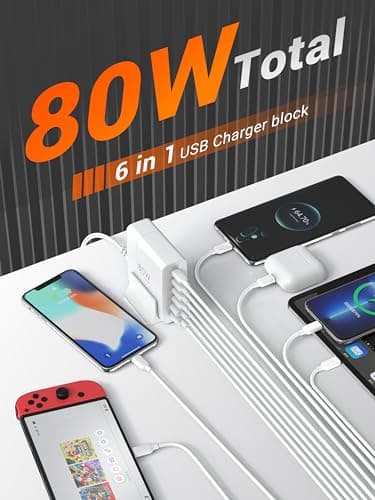 TOPADRE USB C Charger Block 80W, 6 Port Fast Charging Station Powered USB C Hub PD Charger for iPhone 15/14/13 Pro Max, iPad Pro/Air/Mini, for Samsung Galaxy S24, MacBook Pro/Air, White - Image 2