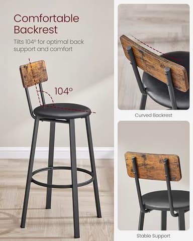 VASAGLE Bar Stools, Set of 2 PU Upholstered Breakfast Stools, 29.7 Inches Barstools with Back and Footrest, Simple Assembly, for Dining Room Kitchen Counter Bar, Rustic Brown and Black ULBC069B81 - Image 8