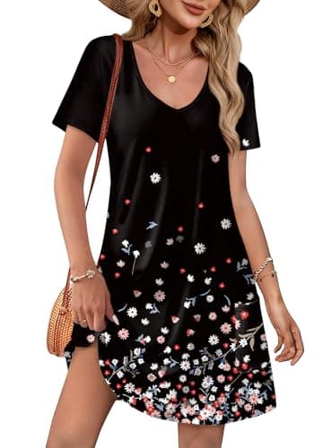 OFEEFAN Summer Dresses for Women 2025 V Neck Short Sleeve Tee Shirts Dress with Pockets Beach Vacation Essentials Fashion Sundresses with Pockets Floral 15 L - Image 1