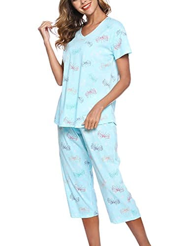 ENJOYNIGHT Womens Pajama Sets Cotton Pj Set Short Sleeve Top With Capri Pants Sleepwear 2 Piece Lounge Set(XX-Large, BL-Butterfly) - Image 4