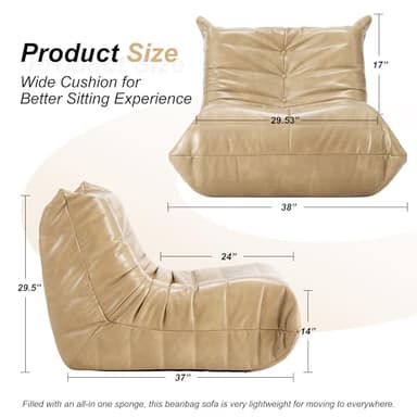 Hobestluk Giant Bean Bag Chair Lazy Floor Sofa, Memory Foam Fireside Sofa for Adults, Big Beanbag Faux Leather Armless Chair for Living Room Bedroom Dorm Office (Khaki, Single) - Image 2