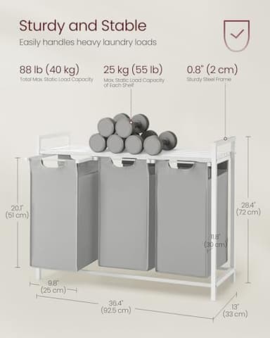 VASAGLE Laundry Hamper, Laundry Basket, Laundry Sorter with 3 Pull-Out and Removable Bags, Shelf, Metal Frame, 3 x 10.6 Gallons (40 L), 36.4 x 13 x 28.4 Inches, Dove Gray and Cloud White UBLH301W03 - Image 5