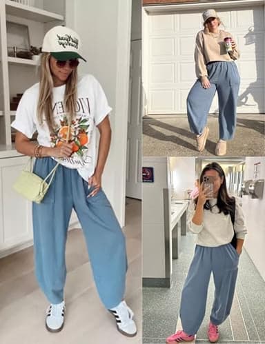 Xiaoxuemeng Womens Baggy Wide Leg Pants Casual Elastic Waisted Palazzo Harem Pants with Pockets(Dustyblue-S) - Image 2