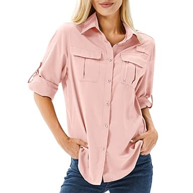 Toumett Women's UPF 50 Long Sleeve UV Sun Protection Safari Shirts Outdoor Quick Dry Fishing Hiking Travel Shirts(5071,Pink,L) - Image 1