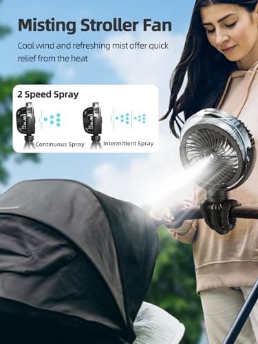 Misting Stroller Fan, 6000mAh Battery Operated Portable Fan with Light & 360° Pivoting, Personal Fans with Flexible Tripod for Baby, Office, Travel,Treadmill,Outdoors - Image 2